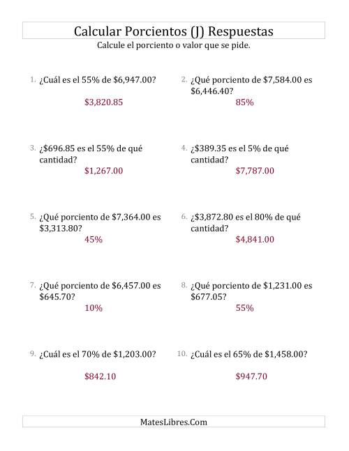 La hoja de ejercicios de Cálculos Mixtos de Porcientos con Dinero (Decimales, Incrementos de 5%) (J) Página 2