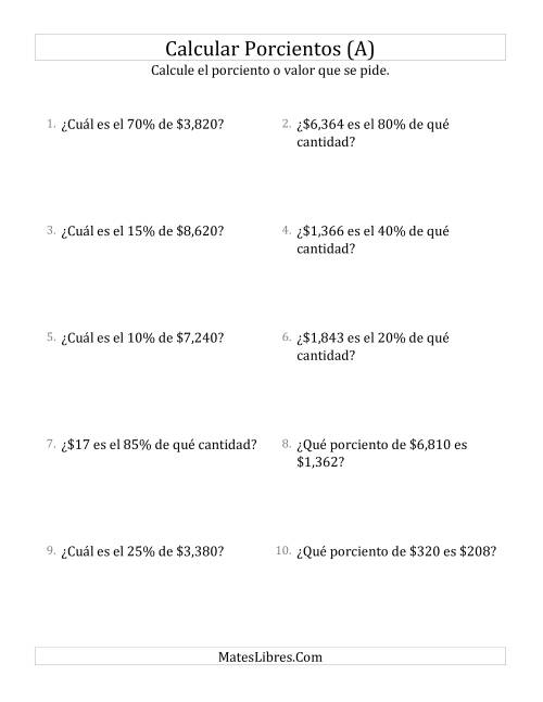 La hoja de ejercicios de Cálculos Mixtos de Porcientos con Dinero (Enteros, Incrementos de 5%) (A)