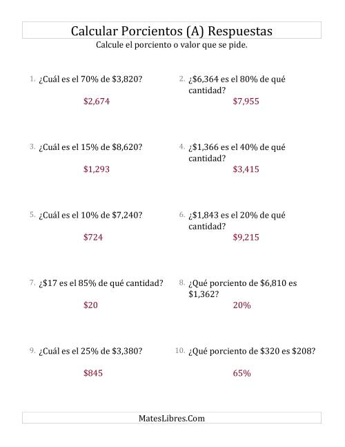 La hoja de ejercicios de Cálculos Mixtos de Porcientos con Dinero (Enteros, Incrementos de 5%) (A) Página 2