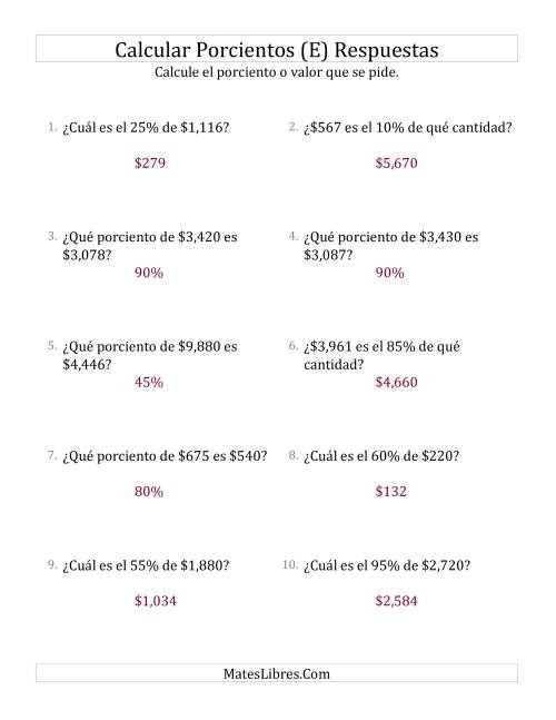 La hoja de ejercicios de Cálculos Mixtos de Porcientos con Dinero (Enteros, Incrementos de 5%) (E) Página 2