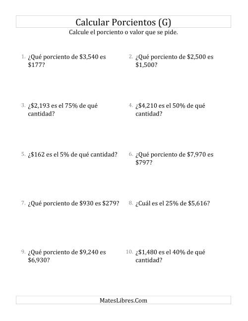 La hoja de ejercicios de Cálculos Mixtos de Porcientos con Dinero (Enteros, Incrementos de 5%) (G)