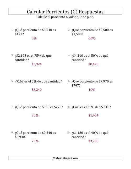 La hoja de ejercicios de Cálculos Mixtos de Porcientos con Dinero (Enteros, Incrementos de 5%) (G) Página 2