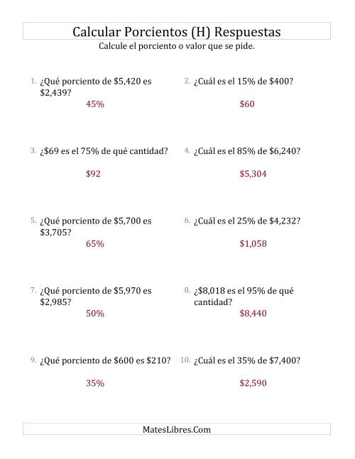 La hoja de ejercicios de Cálculos Mixtos de Porcientos con Dinero (Enteros, Incrementos de 5%) (H) Página 2