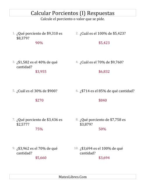 La hoja de ejercicios de Cálculos Mixtos de Porcientos con Dinero (Enteros, Incrementos de 5%) (I) Página 2