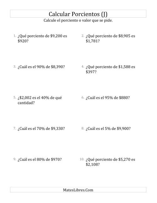 La hoja de ejercicios de Cálculos Mixtos de Porcientos con Dinero (Enteros, Incrementos de 5%) (J)