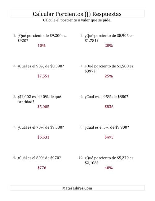 La hoja de ejercicios de Cálculos Mixtos de Porcientos con Dinero (Enteros, Incrementos de 5%) (J) Página 2