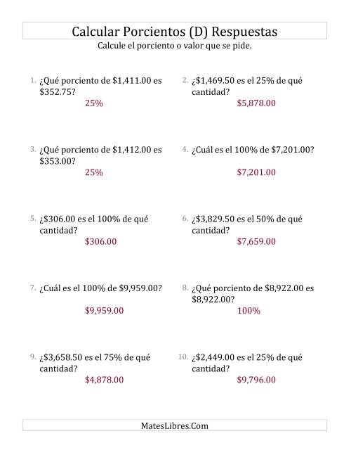 La hoja de ejercicios de Cálculos Mixtos de Porcientos con Dinero (Decimales, Incrementos de 25%) (D) Página 2