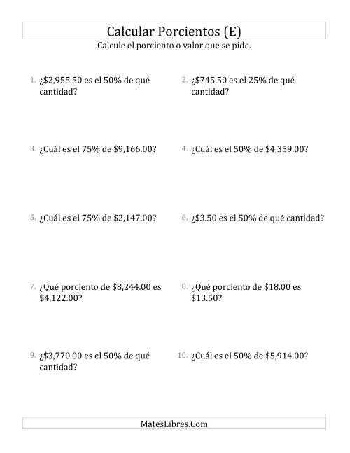 La hoja de ejercicios de Cálculos Mixtos de Porcientos con Dinero (Decimales, Incrementos de 25%) (E)