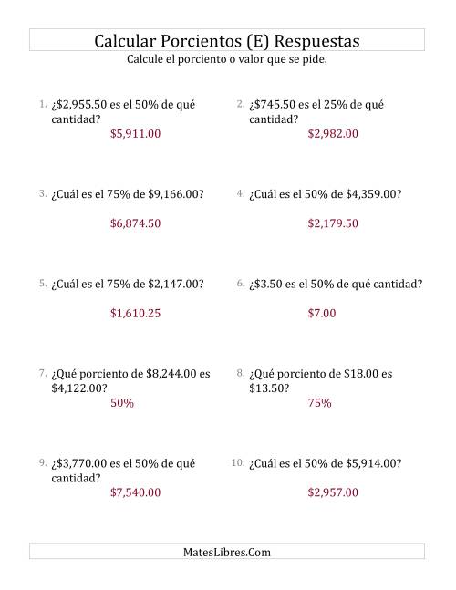 La hoja de ejercicios de Cálculos Mixtos de Porcientos con Dinero (Decimales, Incrementos de 25%) (E) Página 2