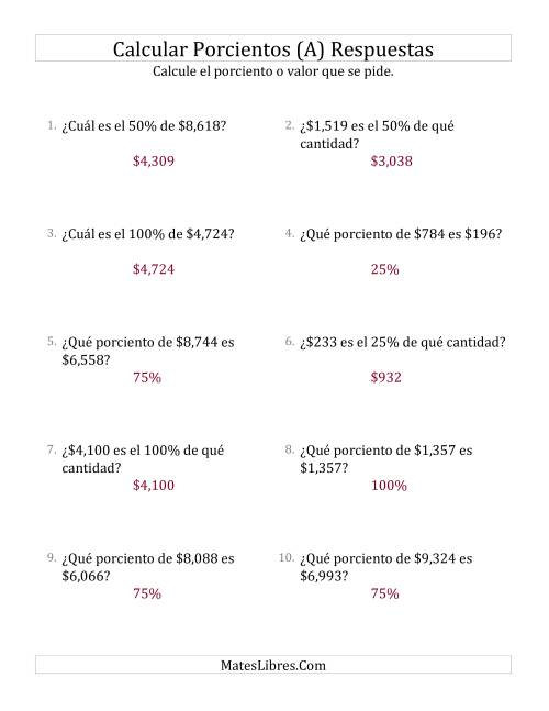 La hoja de ejercicios de Cálculos Mixtos de Porcientos con Dinero (Enteros, Incrementos de 25%) (A) Página 2