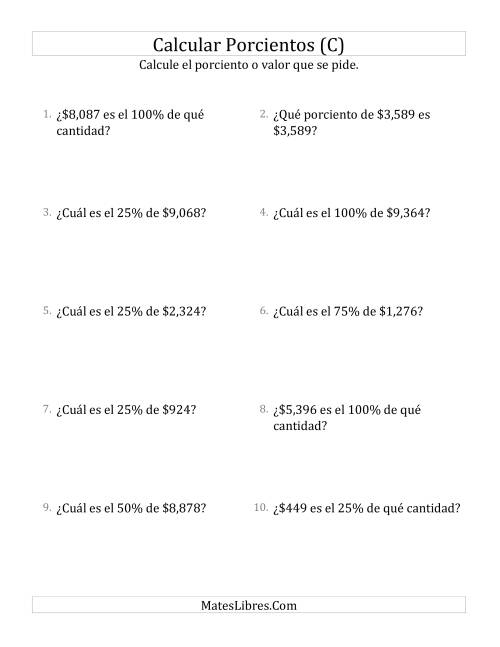 La hoja de ejercicios de Cálculos Mixtos de Porcientos con Dinero (Enteros, Incrementos de 25%) (C)