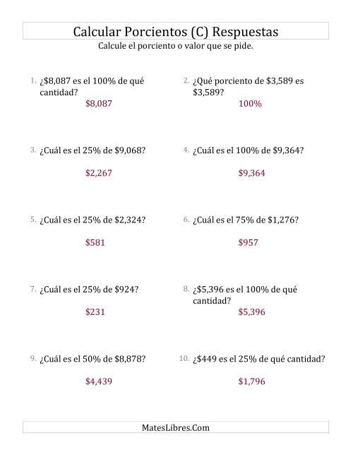 La hoja de ejercicios de Cálculos Mixtos de Porcientos con Dinero (Enteros, Incrementos de 25%) (C) Página 2