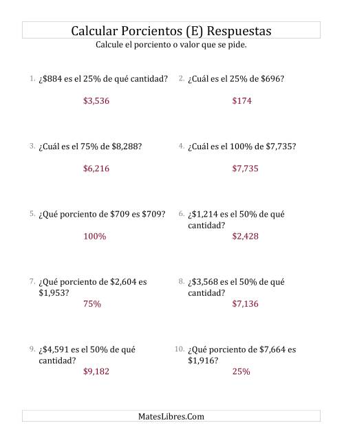 La hoja de ejercicios de Cálculos Mixtos de Porcientos con Dinero (Enteros, Incrementos de 25%) (E) Página 2