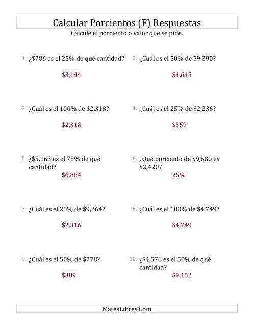 La hoja de ejercicios de Cálculos Mixtos de Porcientos con Dinero (Enteros, Incrementos de 25%) (F) Página 2