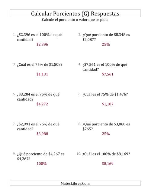 La hoja de ejercicios de Cálculos Mixtos de Porcientos con Dinero (Enteros, Incrementos de 25%) (G) Página 2