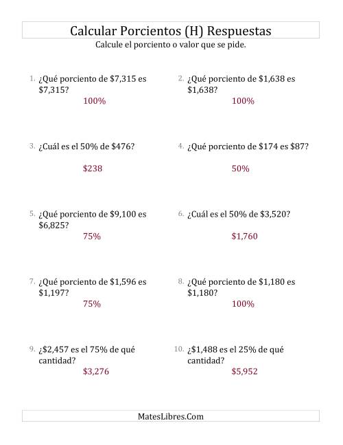La hoja de ejercicios de Cálculos Mixtos de Porcientos con Dinero (Enteros, Incrementos de 25%) (H) Página 2