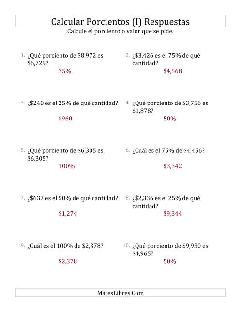 La hoja de ejercicios de Cálculos Mixtos de Porcientos con Dinero (Enteros, Incrementos de 25%) (I) Página 2