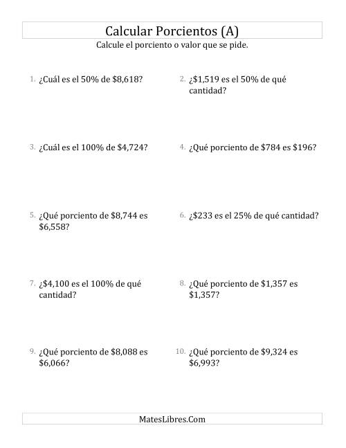 La hoja de ejercicios de Cálculos Mixtos de Porcientos con Dinero (Enteros, Incrementos de 25%) (Todas)