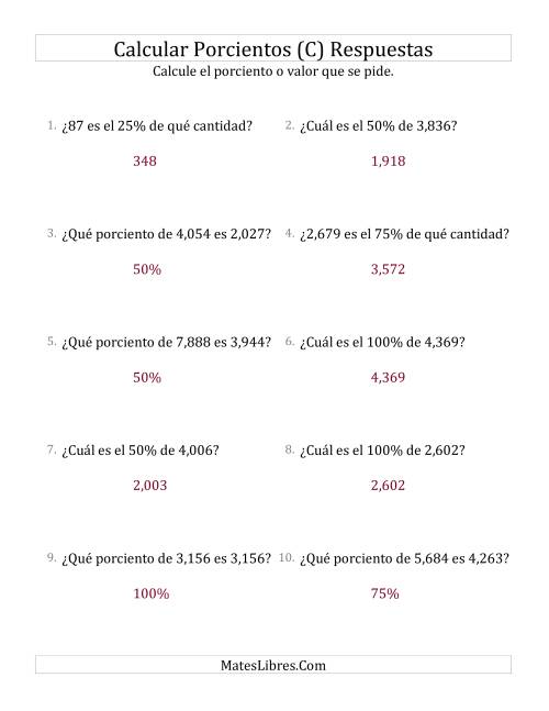 La hoja de ejercicios de Cálculos Mixtos de Porcientos (Enteros, Incrementos de 25%) (C) Página 2