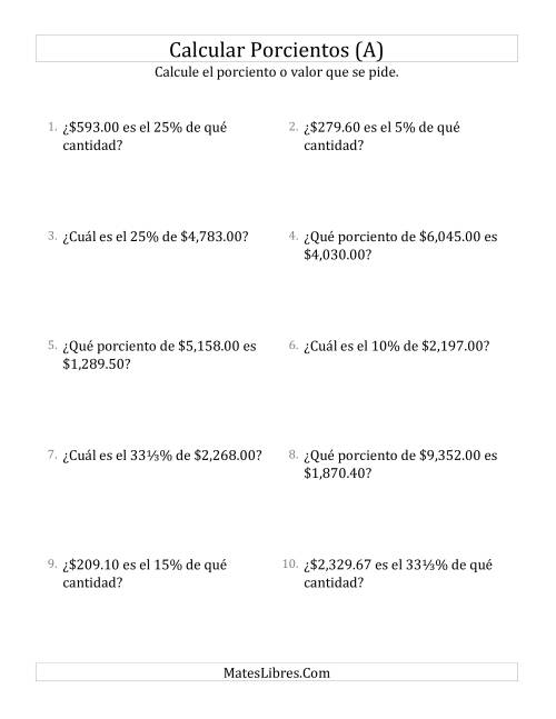La hoja de ejercicios de Cálculos Mixtos de Porcientos con Dinero (Decimales, Incrementos de Porcientos Selectos) (A)