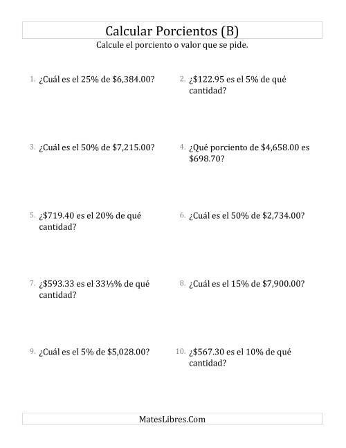 La hoja de ejercicios de Cálculos Mixtos de Porcientos con Dinero (Decimales, Incrementos de Porcientos Selectos) (B)