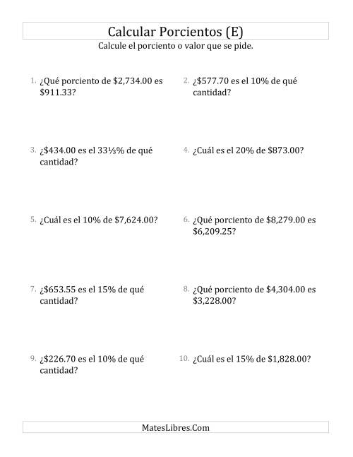 La hoja de ejercicios de Cálculos Mixtos de Porcientos con Dinero (Decimales, Incrementos de Porcientos Selectos) (E)
