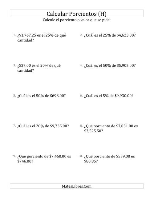La hoja de ejercicios de Cálculos Mixtos de Porcientos con Dinero (Decimales, Incrementos de Porcientos Selectos) (H)