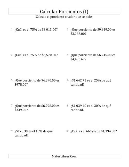 La hoja de ejercicios de Cálculos Mixtos de Porcientos con Dinero (Decimales, Incrementos de Porcientos Selectos) (I)
