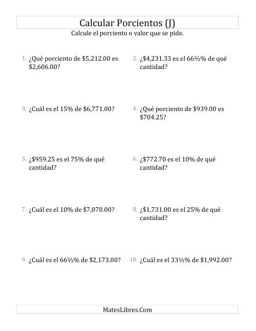 La hoja de ejercicios de Cálculos Mixtos de Porcientos con Dinero (Decimales, Incrementos de Porcientos Selectos) (J)