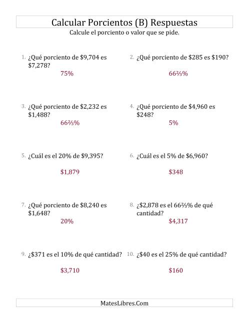 La hoja de ejercicios de Cálculos Mixtos de Porcientos con Dinero (Enteros, Incrementos de Porcientos Selectos) (B) Página 2