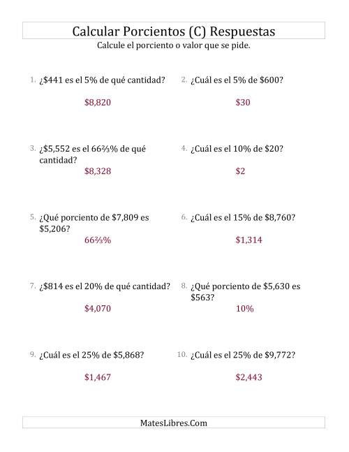 La hoja de ejercicios de Cálculos Mixtos de Porcientos con Dinero (Enteros, Incrementos de Porcientos Selectos) (C) Página 2