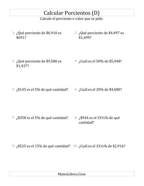 La hoja de ejercicios de Cálculos Mixtos de Porcientos con Dinero (Enteros, Incrementos de Porcientos Selectos) (D)