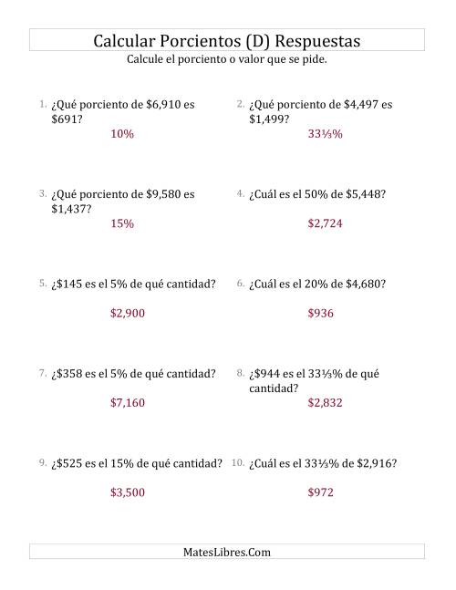 La hoja de ejercicios de Cálculos Mixtos de Porcientos con Dinero (Enteros, Incrementos de Porcientos Selectos) (D) Página 2