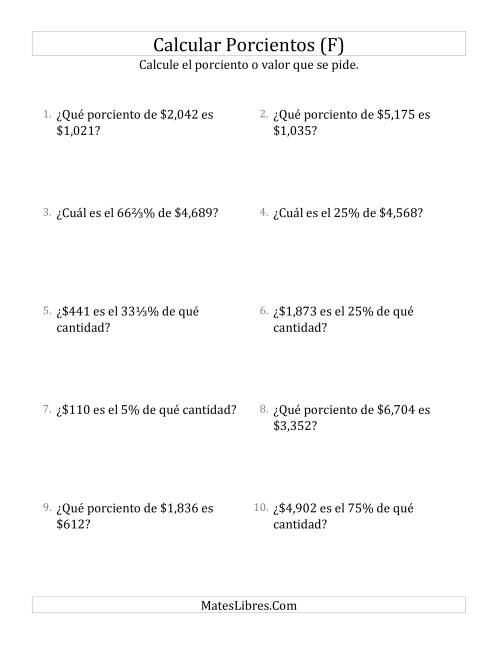 La hoja de ejercicios de Cálculos Mixtos de Porcientos con Dinero (Enteros, Incrementos de Porcientos Selectos) (F)