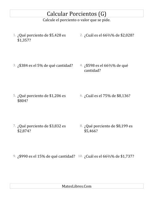 La hoja de ejercicios de Cálculos Mixtos de Porcientos con Dinero (Enteros, Incrementos de Porcientos Selectos) (G)