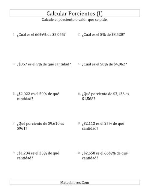 La hoja de ejercicios de Cálculos Mixtos de Porcientos con Dinero (Enteros, Incrementos de Porcientos Selectos) (I)