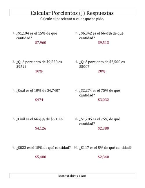 La hoja de ejercicios de Cálculos Mixtos de Porcientos con Dinero (Enteros, Incrementos de Porcientos Selectos) (J) Página 2