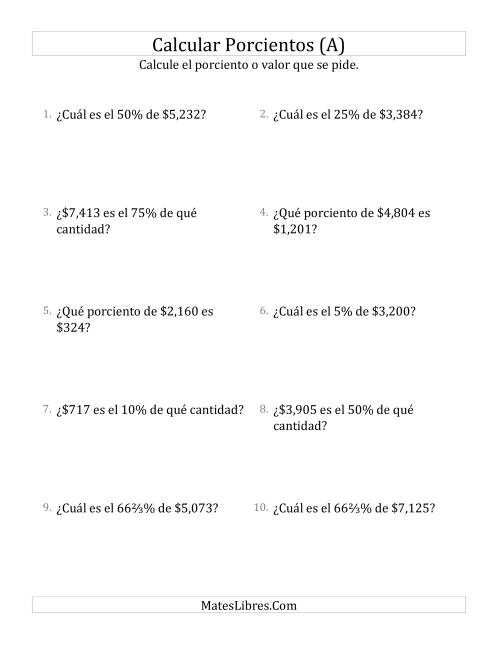 La hoja de ejercicios de Cálculos Mixtos de Porcientos con Dinero (Enteros, Incrementos de Porcientos Selectos) (Todas)