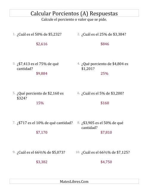 La hoja de ejercicios de Cálculos Mixtos de Porcientos con Dinero (Enteros, Incrementos de Porcientos Selectos) (Todas) Página 2