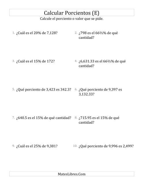 La hoja de ejercicios de Cálculos Mixtos de Porcientos (Decimales, Incrementos de Porcientos Selectos) (E)