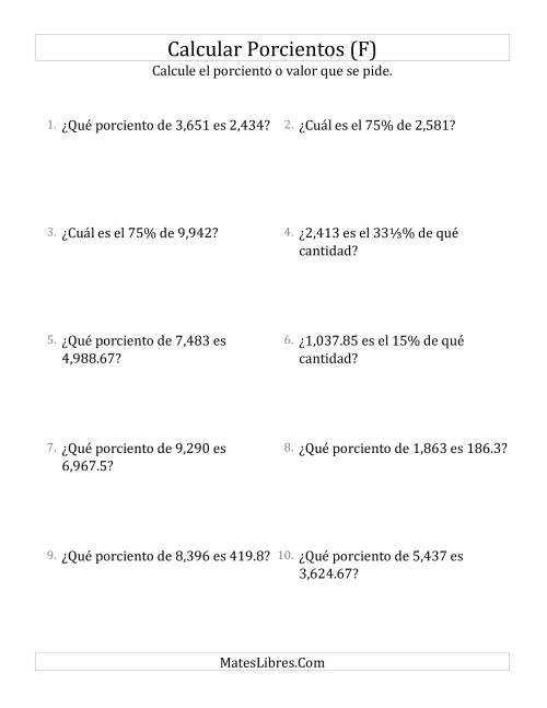 La hoja de ejercicios de Cálculos Mixtos de Porcientos (Decimales, Incrementos de Porcientos Selectos) (F)