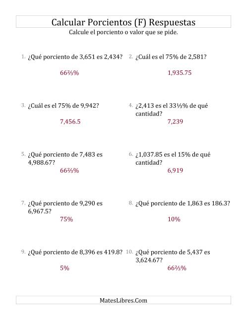 La hoja de ejercicios de Cálculos Mixtos de Porcientos (Decimales, Incrementos de Porcientos Selectos) (F) Página 2