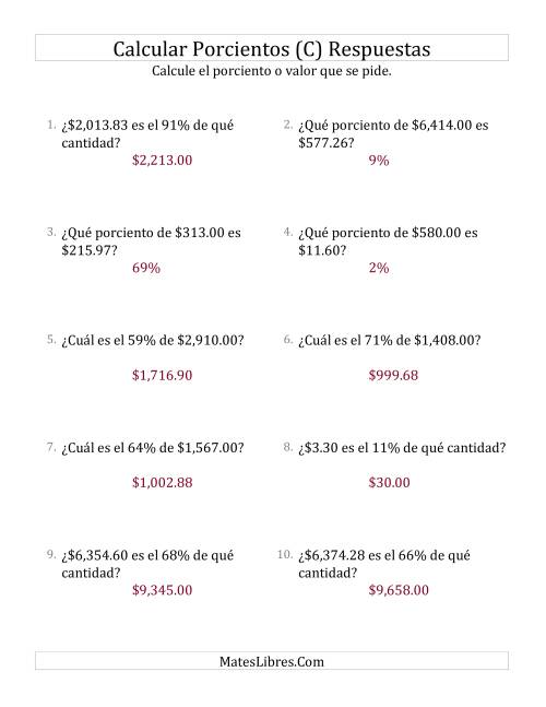 La hoja de ejercicios de Cálculos Mixtos de Porcientos con Dinero (Decimales, Incrementos entre 1% y 99%) (C) Página 2
