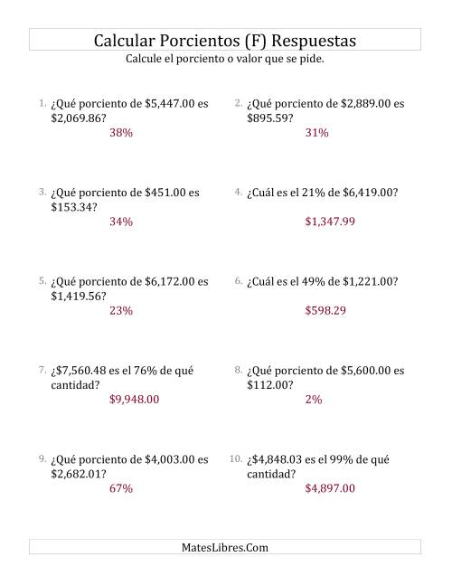 La hoja de ejercicios de Cálculos Mixtos de Porcientos con Dinero (Decimales, Incrementos entre 1% y 99%) (F) Página 2