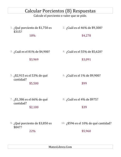 La hoja de ejercicios de Cálculos Mixtos de Porcientos con Dinero (Enteros, Incrementos entre 1% y 99%) (B) Página 2