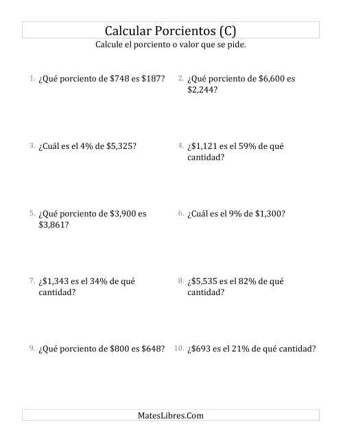 La hoja de ejercicios de Cálculos Mixtos de Porcientos con Dinero (Enteros, Incrementos entre 1% y 99%) (C)