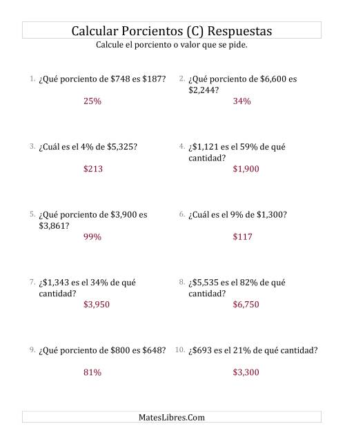 La hoja de ejercicios de Cálculos Mixtos de Porcientos con Dinero (Enteros, Incrementos entre 1% y 99%) (C) Página 2