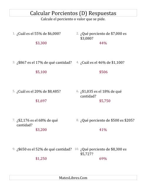 La hoja de ejercicios de Cálculos Mixtos de Porcientos con Dinero (Enteros, Incrementos entre 1% y 99%) (D) Página 2