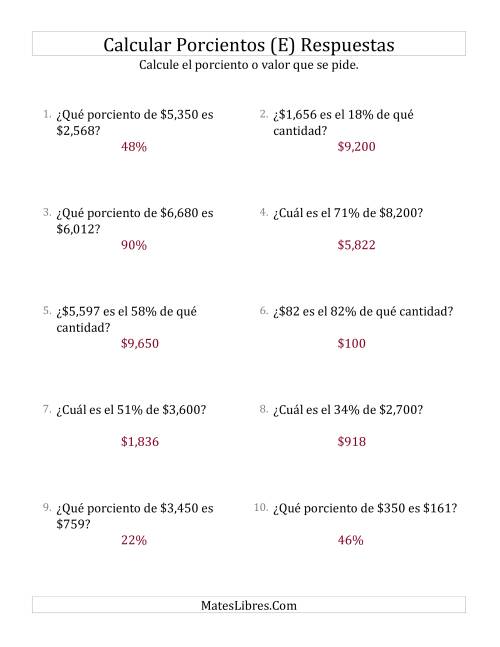 La hoja de ejercicios de Cálculos Mixtos de Porcientos con Dinero (Enteros, Incrementos entre 1% y 99%) (E) Página 2