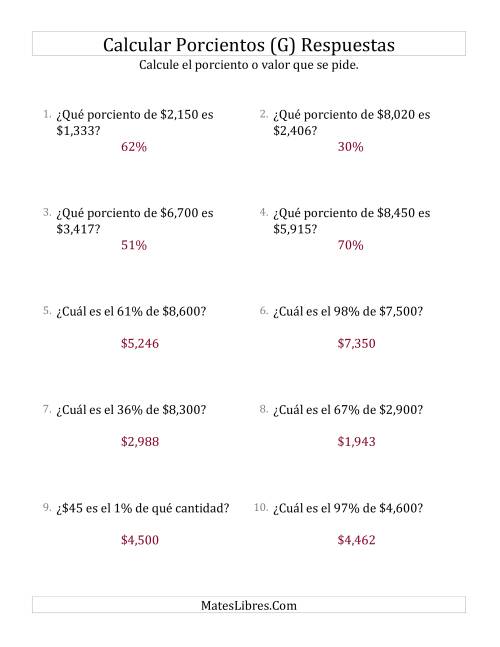 La hoja de ejercicios de Cálculos Mixtos de Porcientos con Dinero (Enteros, Incrementos entre 1% y 99%) (G) Página 2